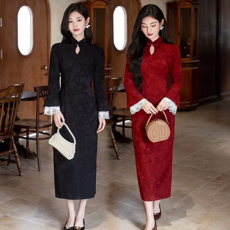 Beth and Brian Qipao-SMQ Fall and winter collection, floral pattern, lace mid-length Cheongsam