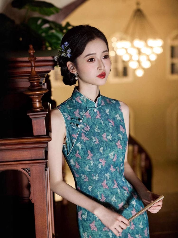 Beth and Brian Qipao-JLM Butterfly pattern, blue midi Cheongsam