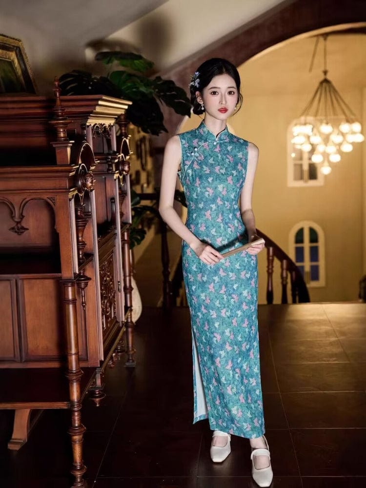 Beth and Brian Qipao-JLM Butterfly pattern, blue midi Cheongsam
