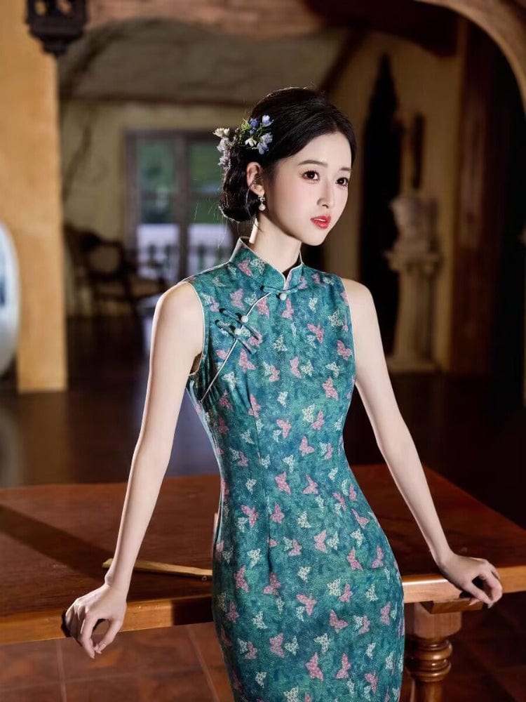 Beth and Brian Qipao-JLM Butterfly pattern, blue midi Cheongsam