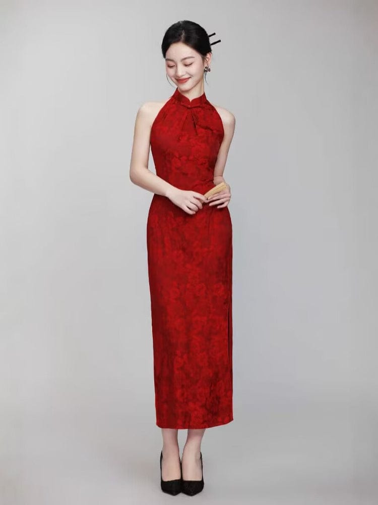 Beth and Brian Qipao-TQX Sleeveles, floral pattern, jacquard midi Cheongsam