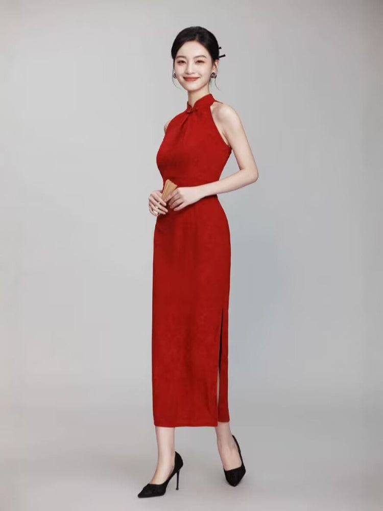 Beth and Brian Qipao-TQX Sleeveles, floral pattern, jacquard midi Cheongsam