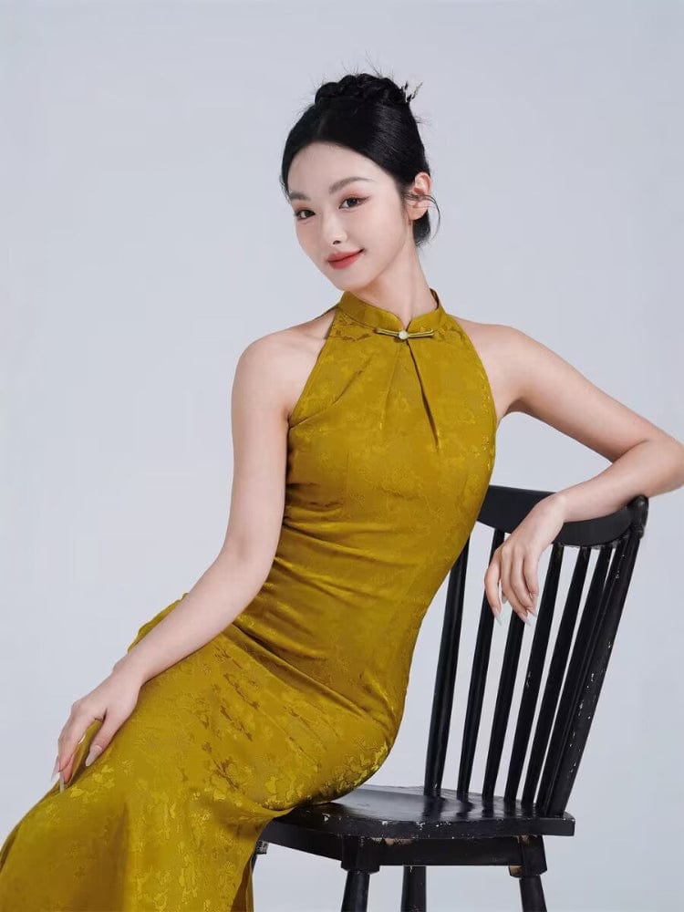 Beth and Brian Qipao-TQX Sleeveles, floral pattern, jacquard midi Cheongsam
