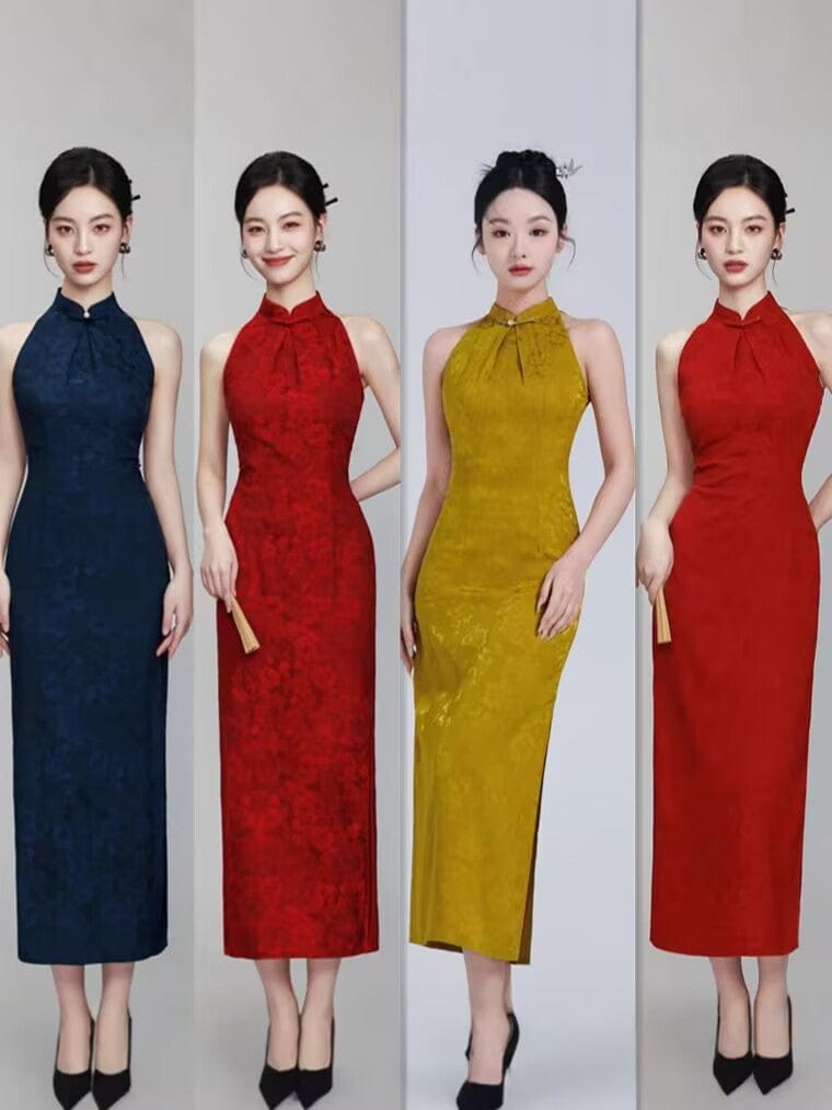 Beth and Brian Qipao-TQX Sleeveles, floral pattern, jacquard midi Cheongsam