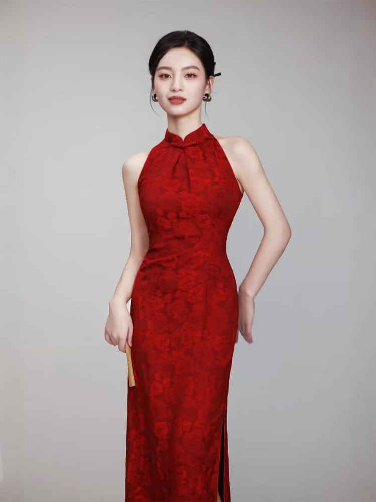 Beth and Brian Qipao-TQX Sleeveles, floral pattern, jacquard midi Cheongsam