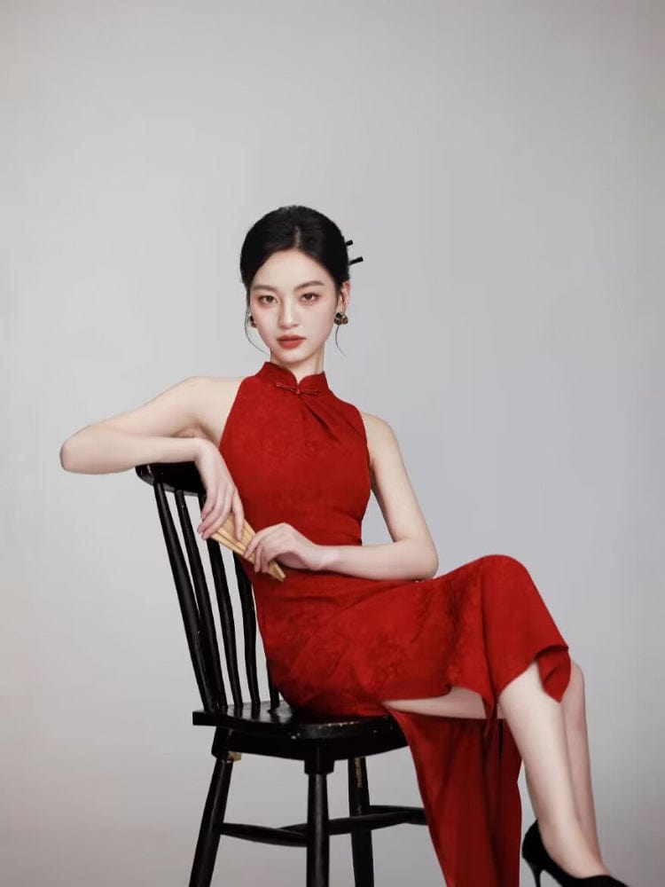 Beth and Brian Qipao-TQX Sleeveles, floral pattern, jacquard midi Cheongsam