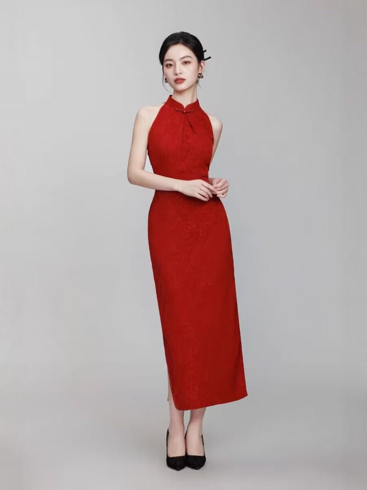 Beth and Brian Qipao-TQX Sleeveles, floral pattern, jacquard midi Cheongsam