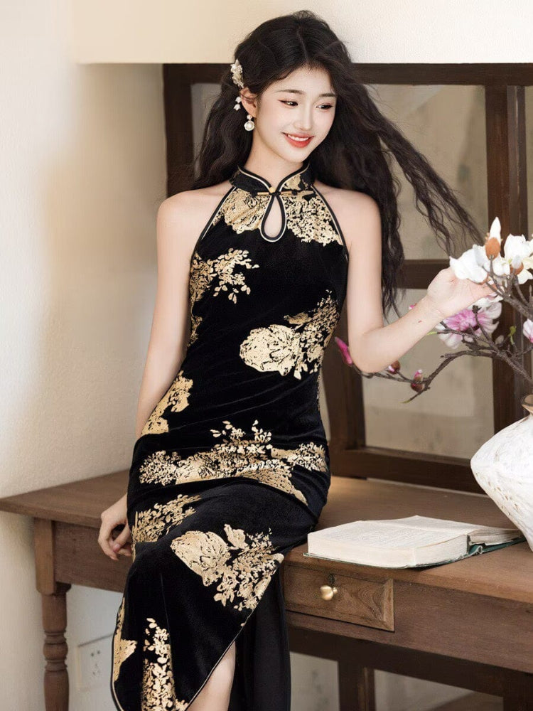 Beth and Brian Qipao-YS Gold and black halter midi Cheongsam