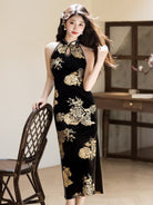 Beth and Brian Qipao-YS Gold and black halter midi Cheongsam
