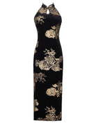 Beth and Brian Qipao-YS Gold and black halter midi Cheongsam
