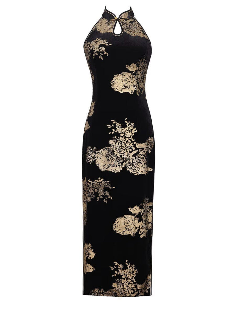 Beth and Brian Qipao-YS Gold and black halter midi Cheongsam