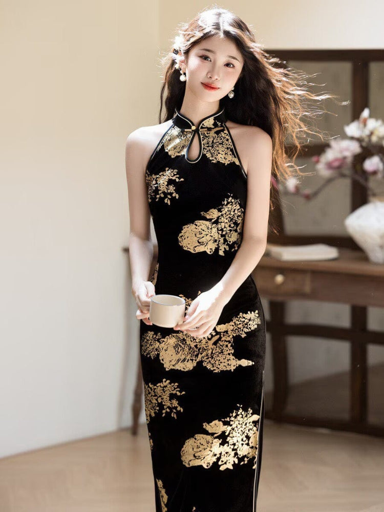 Beth and Brian Qipao-YS Gold and black halter midi Cheongsam