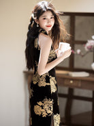 Beth and Brian Qipao-YS Gold and black halter midi Cheongsam