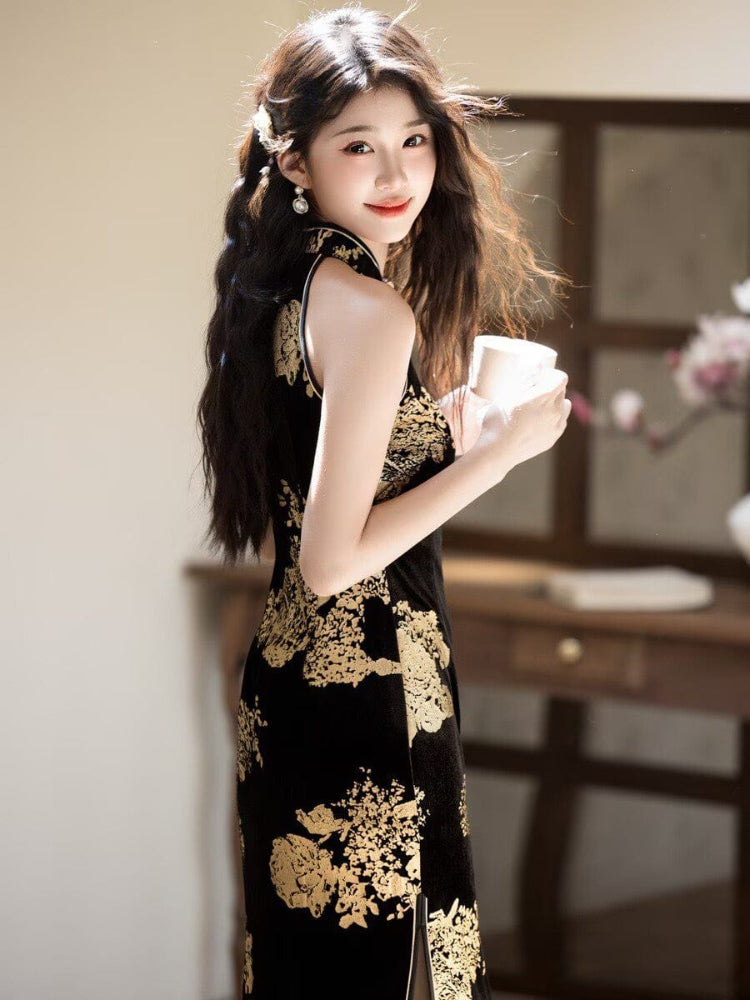 Beth and Brian Qipao-YS Gold and black halter midi Cheongsam