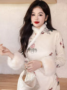Beth and Brian Qipao-YS Winter collection, ramie fabric, floral long Cheongsam with Fur-Trimmed  (removable) Sleeves