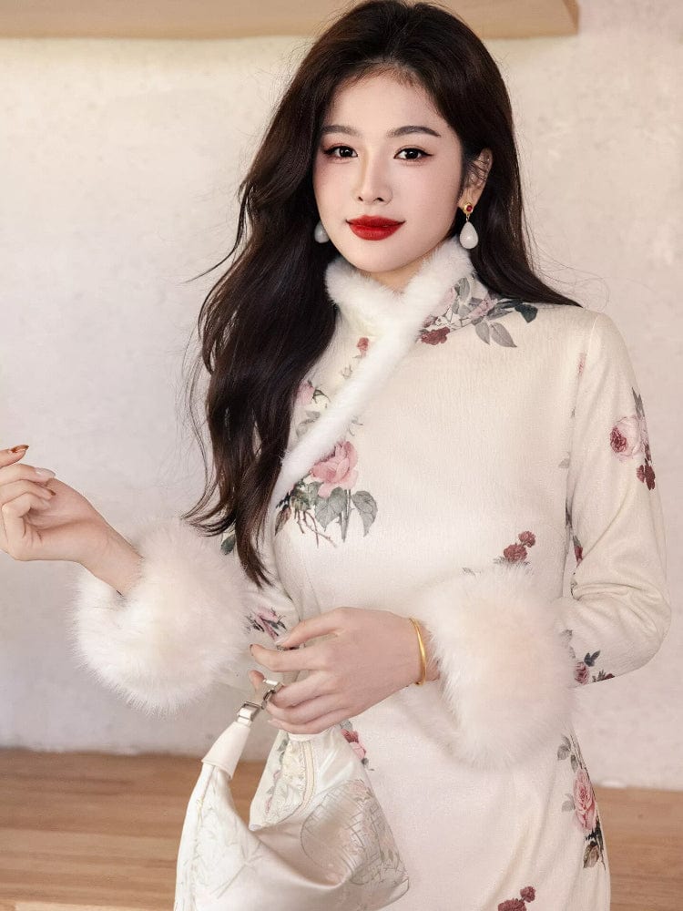 Beth and Brian Qipao-YS Winter collection, ramie fabric, floral long Cheongsam with Fur-Trimmed  (removable) Sleeves