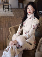 Beth and Brian Qipao-YS Winter collection, ramie fabric, floral long Cheongsam with Fur-Trimmed  (removable) Sleeves