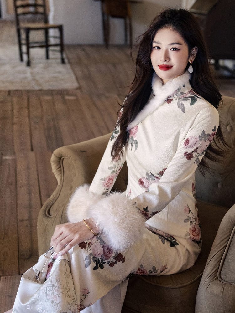 Beth and Brian Qipao-YS Winter collection, ramie fabric, floral long Cheongsam with Fur-Trimmed  (removable) Sleeves