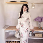Beth and Brian Qipao-YS Winter collection, ramie fabric, floral long Cheongsam with Fur-Trimmed  (removable) Sleeves