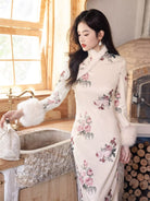 Beth and Brian Qipao-YS Winter collection, ramie fabric, floral long Cheongsam with Fur-Trimmed  (removable) Sleeves