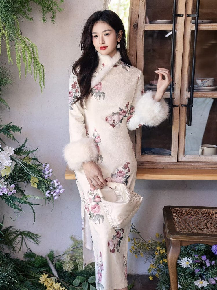 Beth and Brian Qipao-YS Winter collection, ramie fabric, floral long Cheongsam with Fur-Trimmed  (removable) Sleeves
