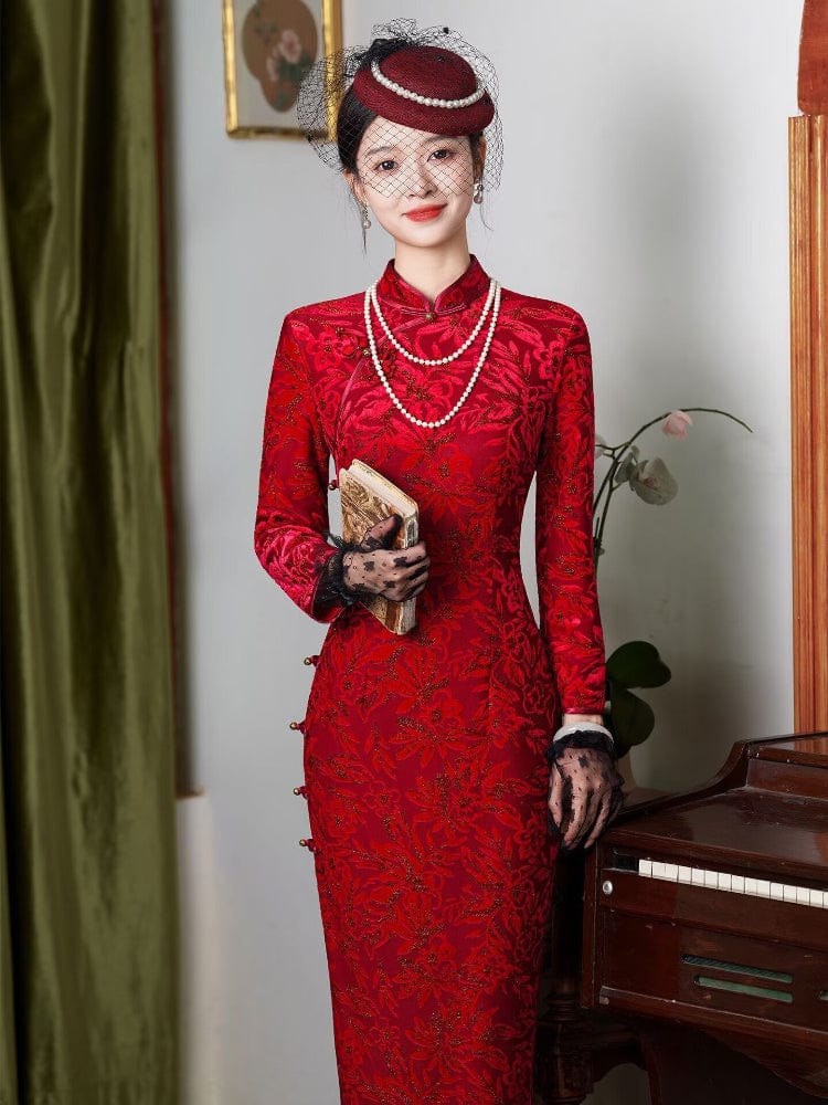 Beth and Brian Qipao-JD Floral pattern, Flocking fabric, red long Cheongsam