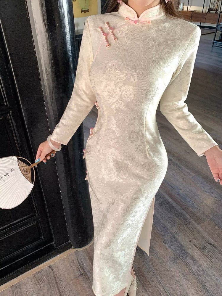 Beth and Brian Qipao-LSB Fall and winter collection, floral pattern, beige long Cheongsam
