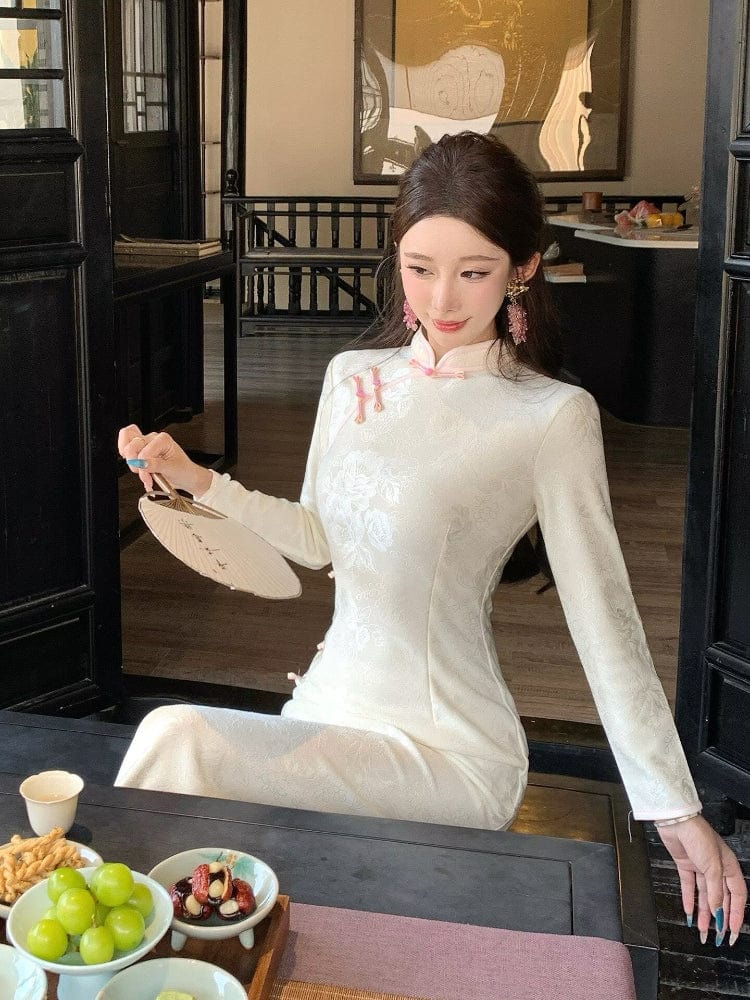 Beth and Brian Qipao-LSB Fall and winter collection, floral pattern, beige long Cheongsam