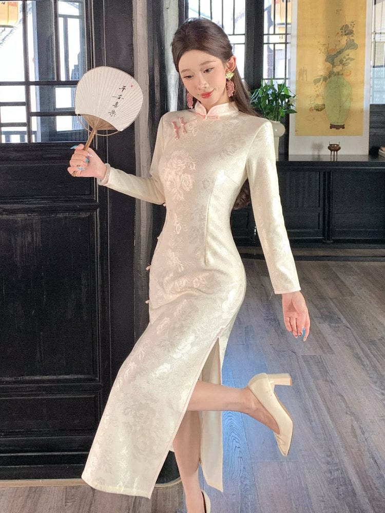 Beth and Brian Qipao-LSB Fall and winter collection, floral pattern, beige long Cheongsam