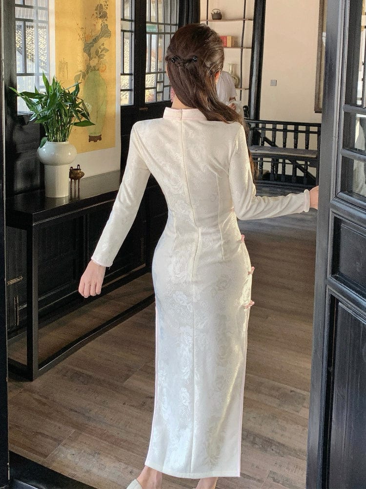 Beth and Brian Qipao-LSB Fall and winter collection, floral pattern, beige long Cheongsam