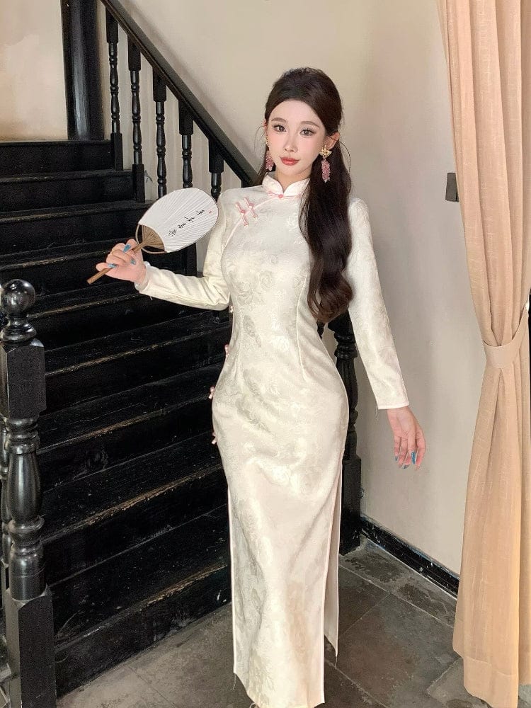 Beth and Brian Qipao-LSB Fall and winter collection, floral pattern, beige long Cheongsam