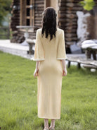 Beth and Brian Qipao-LSB Leaf pattern, knitting fabric, midi Cheongsam with three quarter sleeves