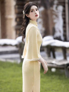 Beth and Brian Qipao-LSB Leaf pattern, knitting fabric, midi Cheongsam with three quarter sleeves
