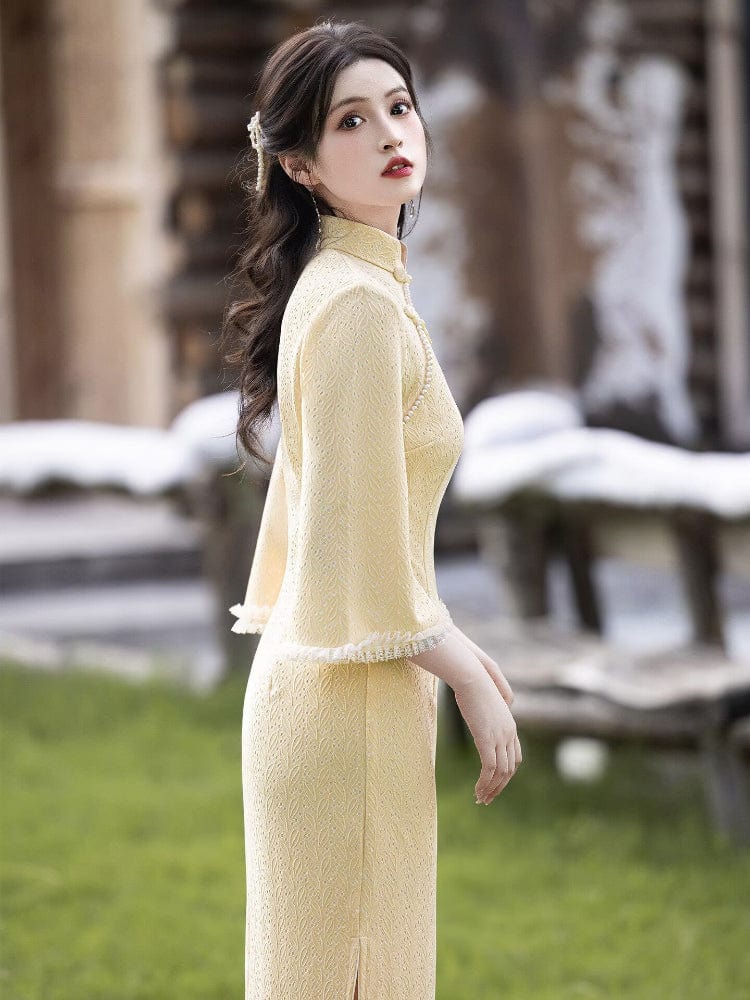 Beth and Brian Qipao-LSB Leaf pattern, knitting fabric, midi Cheongsam with three quarter sleeves