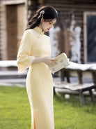 Beth and Brian Qipao-LSB Leaf pattern, knitting fabric, midi Cheongsam with three quarter sleeves