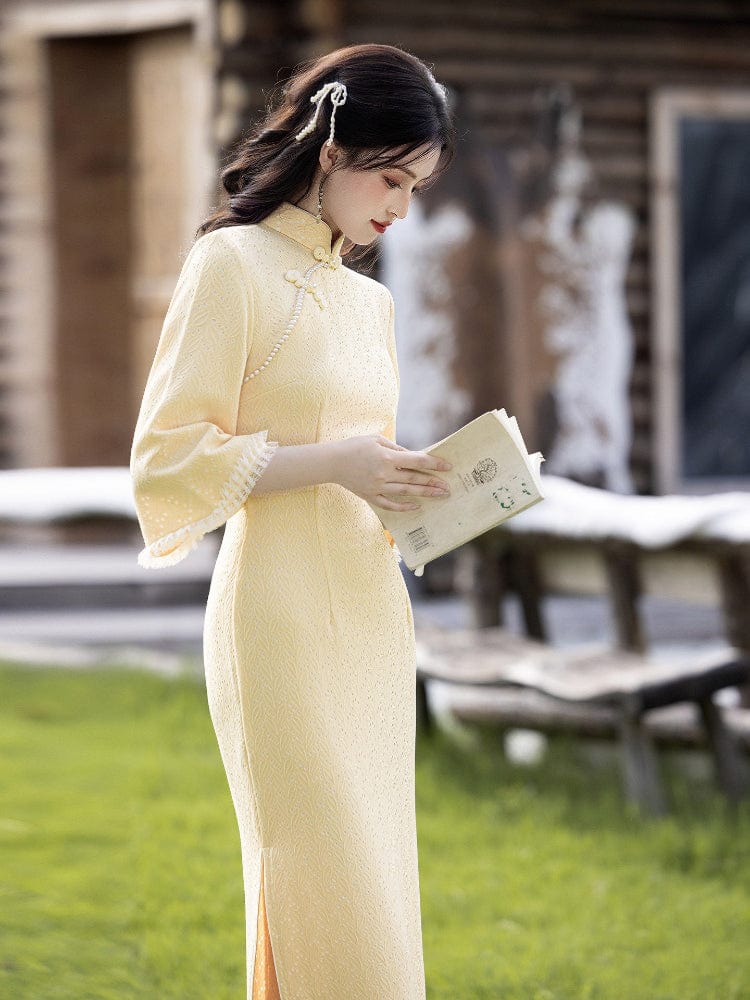 Beth and Brian Qipao-LSB Leaf pattern, knitting fabric, midi Cheongsam with three quarter sleeves