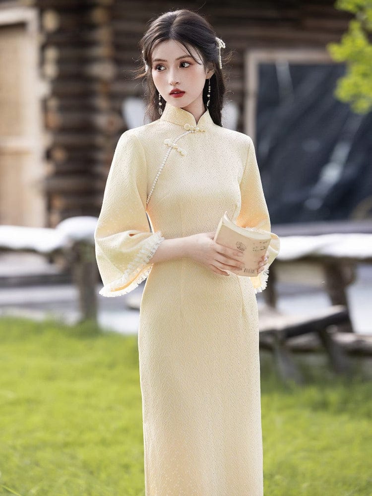 Beth and Brian Qipao-LSB Leaf pattern, knitting fabric, midi Cheongsam with three quarter sleeves