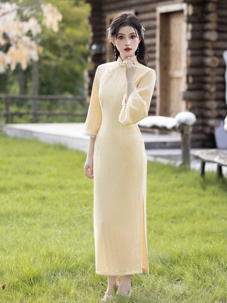 Beth and Brian Qipao-LSB Leaf pattern, knitting fabric, midi Cheongsam with three quarter sleeves