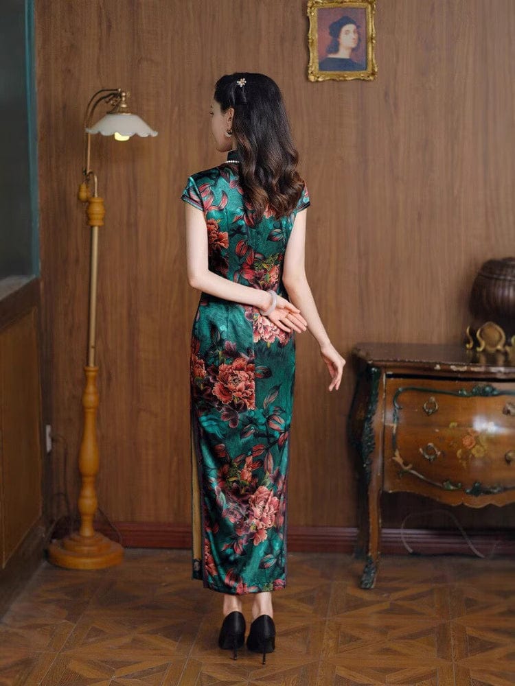 Beth and Brian Qipao-JD Old Shanghai style, 19 mome mulberry silk, high-end green long Cheongsam