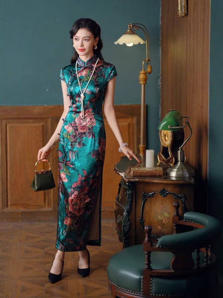 Beth and Brian Qipao-JD Old Shanghai style, 19 mome mulberry silk, high-end green long Cheongsam