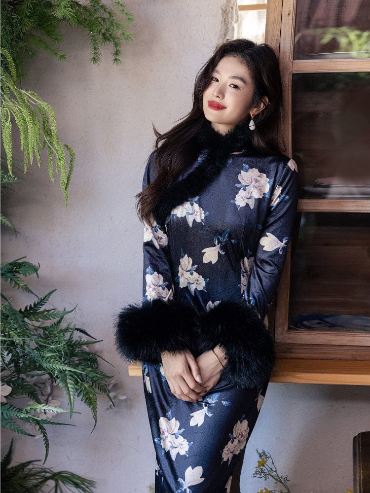 Beth and Brian Qipao-JD Winter collection, floral pattern, black long Qipao with Fur-Trimmed  (removable) Sleeves
