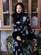 Beth and Brian Qipao-JD Winter collection, floral pattern, black long Qipao with Fur-Trimmed  (removable) Sleeves