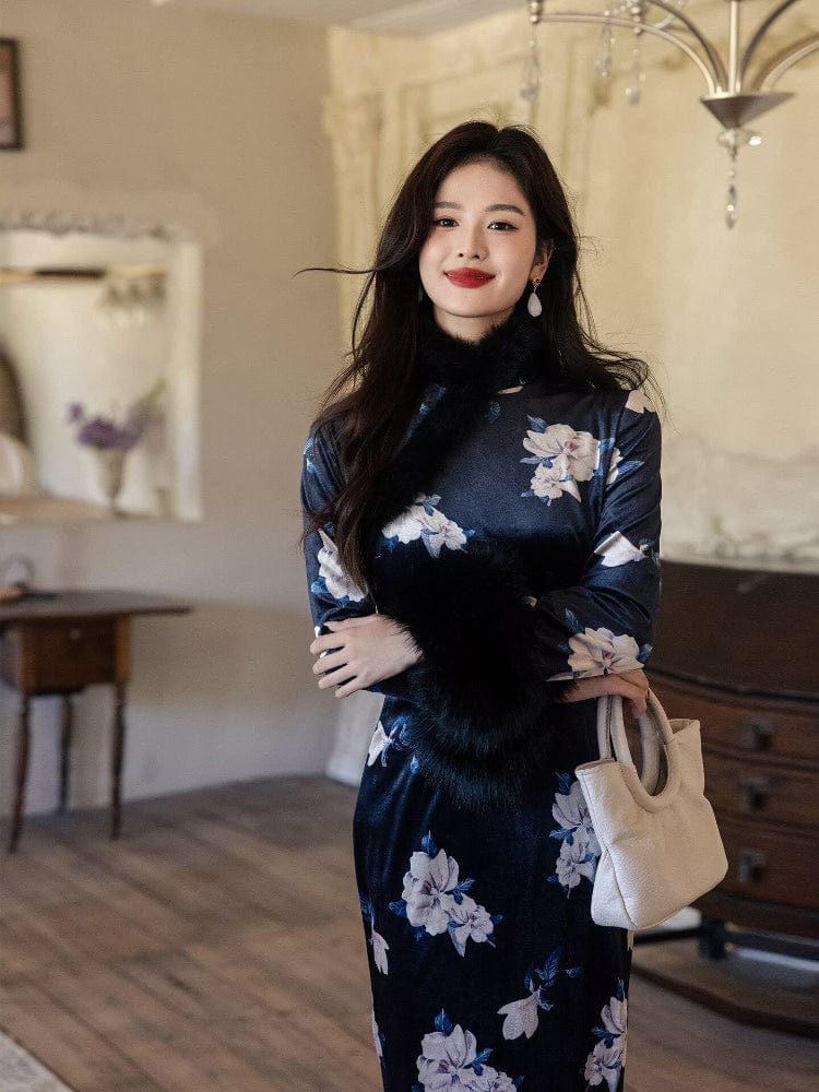 Beth and Brian Qipao-JD Winter collection, floral pattern, black long Qipao with Fur-Trimmed  (removable) Sleeves