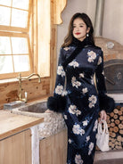 Beth and Brian Qipao-JD Winter collection, floral pattern, black long Qipao with Fur-Trimmed  (removable) Sleeves