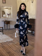 Beth and Brian Qipao-JD Winter collection, floral pattern, black long Qipao with Fur-Trimmed  (removable) Sleeves