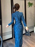 Beth and Brian Qipao-LSB Old Shanghai style, rose pattern, blue long Cheongsam