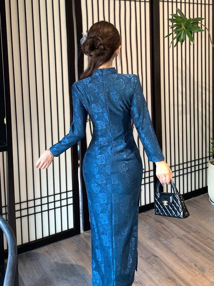 Beth and Brian Qipao-LSB Old Shanghai style, rose pattern, blue long Cheongsam