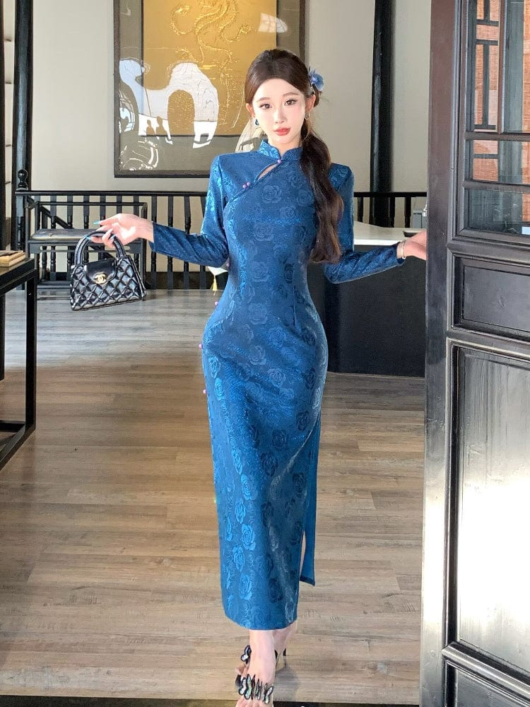 Beth and Brian Qipao-LSB Old Shanghai style, rose pattern, blue long Cheongsam