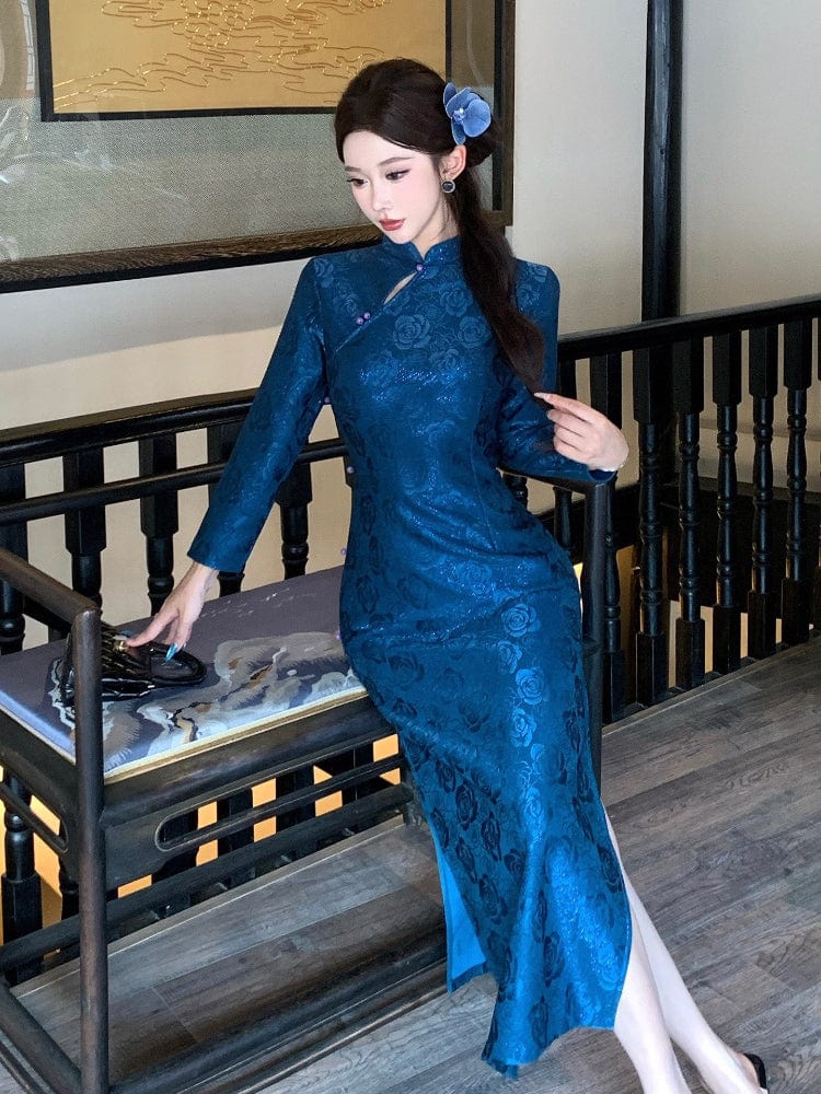 Beth and Brian Qipao-LSB Old Shanghai style, rose pattern, blue long Cheongsam