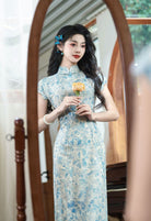 Beth and Brian Qipao-JQZ Floral pattern, cotton pink&light blue long Cheongsam with raglan-sleeve